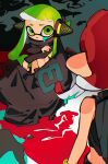  2girls absurdres agent_3_(splatoon) agent_8_(splatoon) bare_shoulders black_cape cape colored_tongue frown green_eyes green_hair green_tongue headgear high-visibility_vest highres inari1369 inkling inkling_girl long_hair long_sleeves looking_at_another multiple_girls octoling octoling_girl open_mouth red_hair sitting splatoon_(series) splatoon_2 splatoon_2:_octo_expansion squidbeak_splatoon suction_cups tentacle_hair torn_cape torn_clothes 