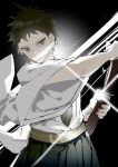  1boy bangs belt black_background brown_eyes brown_hair closed_mouth danganronpa_(series) danganronpa_2:_goodbye_despair green_belt hakama hinata_hajime holding holding_weapon japanese_clothes long_sleeves looking_at_viewer male_focus serious sheath short_hair solo tuteurfars_shin unsheathing upper_body weapon white_background wide_sleeves 