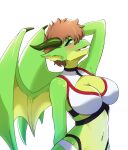  absurd_res anthro blush breasts cleavage clothed clothing dragon female hi_res kemono looking_at_viewer midori_(kmn) midriff navel scales solo wings zekkymzn 
