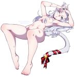  1girl animal_ears barefoot breasts coffeechicken image_sample imageboard_sample looking_at_viewer small_breasts solo tail white_hair 