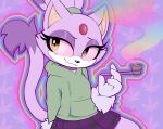  2021 4_fingers anthro blaze_the_cat bottomwear clothing digital_media_(artwork) domestic_cat drugs eyelashes felid feline felis female fingers forehead_gem gloves gradient_background hair handwear hi_res long_tail mammal marijuana moozua pink_sclera ponytail purple_body purple_hair sega signature simple_background skirt smile solo sonic_the_hedgehog_(series) sweater tail_tuft tan_inner_ear topwear tuft white_body yellow_eyes 