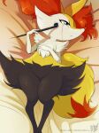  1girl absurdres animal_ear_fluff animal_ears animal_feet animal_nose artist_name bed_sheet black_fur blue_eyes body_fur braixen closed_mouth commentary crying dated deviantart_username english_commentary eryz flat_chest fox_ears fox_girl fox_tail from_above fur_collar furry furry_female groin half-closed_eyes hand_on_own_chest hand_up highres holding holding_smoking_pipe legs looking_to_the_side lying multicolored_fur on_back orange_background pokemon pokemon_(creature) sad sideways_mouth signature smoking_pipe snout solo tail tears thighs twitter_username watermark white_fur wide_hips yellow_fur 