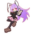  1girl animal_ears black_jacket black_thighhighs blazer breasts brown_footwear closed_mouth collared_shirt crescent crescent_pin full_body jacket long_hair long_sleeves necktie pink_skirt pointing pointing_at_viewer purple_hair puyopuyo rabbit_ears rabbit_girl red_eyes red_necktie reisen_udongein_inaba shinmon_akika shirt simple_background skirt smile solo thighhighs tongue tongue_out touhou white_background white_shirt 