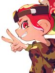  1girl absurdres backwards_hat camouflage grin hat high_ponytail highres hood hood_down inari1369 long_sleeves octarian octoling octoling_girl ponytail red_eyes red_hair short_hair simple_background smile solo splatoon_(series) teeth tentacle_hair upper_body v visor_cap white_background 