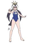  1girl acesrulez alternate_costume bare_arms bare_legs bare_shoulders barefoot black_hair blonde_hair blue_one-piece_swimsuit blush collarbone full_body hair_between_eyes headphones kemono_friends multicolored_hair name_tag one-piece_swimsuit pink_eyes pink_hair royal_penguin_(kemono_friends) school_swimsuit solo swimsuit translation_request twintails white_hair 