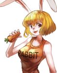  2022 anthro blonde_hair brown_eyes carrot carrot_(one_piece) clothing eating english_text female food fur hair hi_res lagomorph leporid looking_at_viewer mammal one_piece orange_clothing orange_shirt orange_topwear plant qmerlem rabbit shirt short_hair simple_background solo text topwear vegetable white_body white_fur 