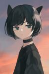  1girl animal_ears black_choker black_hair black_shirt choker closed_mouth cloud cloudy_sky commentary_request eyebrows_hidden_by_hair green_eyes highres looking_at_viewer looking_to_the_side ogami_ren original outdoors shirt sky solo sunset thick_eyebrows upper_body 
