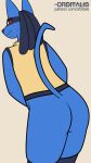  9:16 animated anthro blue_body butt generation_4_pokemon grey_background hi_res looking_at_viewer lucario male nintendo orbitalis pokemon pokemon_(species) presenting presenting_hindquarters rear_view red_eyes shaking_butt short_playtime simple_background smile smiling_at_viewer solo text url video_games 