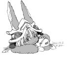 1girl animal_ears closed_mouth dated greyscale hair_between_eyes highres lying made_in_abyss monochrome nanachi_(made_in_abyss) on_stomach shin1ar24 simple_background solo tagme 