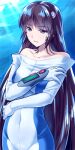  1girl bare_shoulders bodysuit breasts brown_hair chikugen_shiina collarbone hair_ornament long_hair lowres medium_breasts scryed solo standing terada_ayase very_long_hair water 