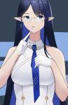  1girl bangs biting black_hair blue_archive blue_eyes blue_hair blue_necktie breasts collared_dress colored_inner_hair dress earrings expressionless glasses glove_biting gloves highres jewelry large_breasts long_hair looking_at_viewer multicolored_hair nana24 necktie pointy_ears rin_(blue_archive) sidelocks solo upper_body white_gloves 