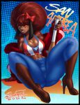  2022 5_fingers abs absurd_res accessory afro anthro athletic athletic_female baseball_bat bat_(object) big_breasts black_border black_nails boots border bottomwear bow_ribbon breasts brown_body brown_fur brown_hair canid canine canis choker cleavage clenched_teeth clothed clothing colored_nails denim denim_clothing domestic_dog eyeshadow female fingerless_gloves fingers footwear frown fur gloves hair hair_accessory hair_bow hair_ribbon hairband handwear heart_(marking) hi_res high_heeled_boots high_heels holding_object jacket jeans jewelry makeup mammal midriff nails navel necklace pants pltnm06ghost ribbons san_andrea sharp_nails shirt signature sitting solo tank_top teeth thick_thighs topwear wide_hips yellow_eyes 