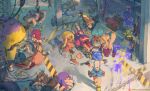  6+girls ass back bangs bare_shoulders blue_eyes blue_hair breasts cleavage cutesexyrobutts cutoffs garage grey_pants ground_vehicle gun headphones highres inkling large_breasts light_blue_hair long_hair micro_shorts multiple_girls octoling orange_hair overall_shorts overalls paint pants ponytail purple_eyes purple_hair red_hair short_hair shorts sideboob sidelocks splatoon_(series) splatoon_3 tank_top tentacle_hair weapon wrench yellow_eyes yellow_tank_top 