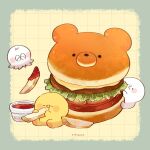  3others animal-shaped_food artist_name bear bird blush_stickers border bread_bun burger character_name cheese chick chicken closed_eyes commentary creature daifuku_(tenmiyakiyo) drooling eating english_text floating food food_focus green_border highres holding holding_food ketchup kimipiyo_(tenmiyakiyo) lettuce meat mochidako_(tenmiyakiyo) multiple_others no_humans original oversized_food potato_wedges signature simple_background sitting solid_circle_eyes symbol-only_commentary tenmiyakiyo tomato tomato_slice yellow_background 
