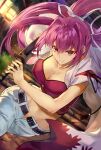  1girl belt breasts cape cleavage denim hair_ribbon highres holding holding_sword holding_weapon jeans katana large_breasts midriff navel pants ponytail purple_hair purple_tank_top qitoli red_eyes ribbon solo stairs sword tank_top under_night_in-birth weapon white_ribbon yuzuriha_(under_night_in-birth) 