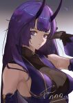  1girl adjusting_hair arm_up bangs breasts closed_mouth expressionless gloves hair_between_eyes honkai_(series) honkai_impact_3rd horns long_hair looking_at_viewer oni_horns purple_eyes purple_hair raiden_mei sideboob sidelocks signature solo tosiyu3617 upper_body 