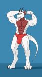  anthro blue_blush blush bulge clothed clothing digitigrade dragon ear_fins fin footwear hi_res horn inconspicuous isaac_hanson male muscular red_body red_clothing red_scales scales solo speedo swimwear topless topless_male vein veiny_muscles white_body white_scales 