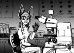  2022 anthro beady_eyes black_and_white chair chiropteran clothing eyewear female freckles furniture gesture glasses gloves handwear hi_res hladilnik laboratory looking_at_viewer mammal microscope monochrome scientist sitting solo waving waving_at_viewer 