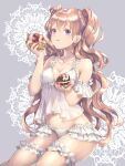  1girl babydoll bare_shoulders breasts brown_hair cake collarbone food frills fruit garter_belt holding holding_cake holding_food itonicosi lingerie long_hair original panties purple_eyes see-through solo spaghetti_strap strawberry two_side_up underwear 