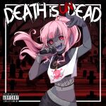  1girl absurdres album_cover bangs colored_skin cover graveyard highres holding holding_microphone hololive hololive_english kokagremlin long_hair looking_at_viewer microphone mori_calliope multicolored_hair open_mouth parental_advisory patchwork_skin pink_eyes pink_hair rapping smile solo stitches tombstone virtual_youtuber zombie 