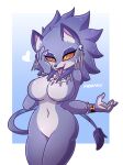  &lt;3 anthro belladonna_(trials_of_mana) big_breasts bracelet breasts ear_piercing ear_ring featureless_breasts featureless_crotch felid feline female fur fur_pattern hi_res jewelry mammal navel necklace orange_sclera piercing pupils purple_body purple_fur ring_piercing simple_background solo tail_tuft tongue tongue_out trials_of_mana tuft white_body white_fur wide_hips yellow_eyes 