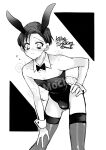  1boy animal_ears artist_name ass_visible_through_thighs black_background black_thighhighs blush bulge copyright_name covered_nipples crossdressing detached_sleeves embarrassed fake_animal_ears fake_tail flying_sweatdrops hand_on_hip hand_on_own_thigh highres killing_stalking looking_to_the_side male_focus male_playboy_bunny otoko_no_ko playboy_bunny rabbit_ears rabbit_tail short_hair tail thighhighs twitter_username two-tone_background user_umkm3842 white_background wrist_cuffs yoon_bum 