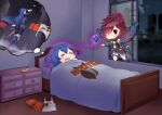  2girls ass bed bedroom black_dress blanket blue_footwear blue_gloves blue_hair boots building chibi chibi_inset city cityscape closed_eyes cloud cloudy_sky commission dreaming dress dutch_angle fairy_wings fingerless_gloves fire_emblem fire_emblem_awakening fire_emblem_heroes gloves highres hooters igni_tion indoors leggings long_hair long_sleeves looking_away lucina_(fire_emblem) lying multiple_girls night night_sky on_back on_bed pillow purple_hair rain raincoat sheath sheathed short_shorts shorts shorts_removed sky skyscraper sleeping sword teardrop thigh_boots trash_can triandra_(fire_emblem) water_drop wavy_mouth weapon wet wet_clothes window wings 