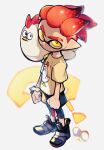  1boy ? absurdres animal animal_on_shoulder bird bird_on_shoulder black_footwear black_shorts chicken clenched_hands closed_mouth egg frown highres inari1369 inkling inkling_boy leggings leggings_under_shorts pointy_ears red_hair shirt shoes short_hair short_sleeves shorts simple_background splatoon_(series) splatoon_2 standing t-shirt tentacle_hair white_background yellow_eyes yellow_shirt 