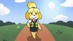  16:9 animal_crossing animated anthro areola big_breasts black_sclera blonde_hair blush blush_stickers bodily_fluids bottomwear breast_expansion breasts brown_areola brown_nipples canid canine canis clothing domestic_dog expansion female hair hand_on_hip huge_breasts hyper hyper_breasts isabelle_(animal_crossing) lactating looking_at_viewer mammal milk nintendo nipples sachasketchy shih_tzu shirt short_playtime skirt smile solo sun topwear torn_clothing toy_dog vest video_games walking_towards_viewer white_eyes widescreen yellow_body 