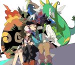  1girl 2boys bag baseball_cap blue_jacket brown_hair commentary emboar fang green_footwear green_hair hat head_on_another&#039;s_shoulder highres hilbert_(pokemon) hilda_(pokemon) jacket multiple_boys n_(pokemon) on_head pokemon pokemon_(creature) pokemon_(game) pokemon_bw pokemon_on_head ponytail red_footwear samurott serperior sitting sleeping symbol-only_commentary vest zianazu zorua 