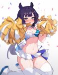  1girl @_@ alternate_breast_size bangs blue_archive blush breasts cheerleader cleavage confetti cosplay crop_top hibiki_(cheerleader)_(blue_archive) hibiki_(cheerleader)_(blue_archive)_(cosplay) highres holding holding_pom_poms hololive hololive_english koahri long_hair looking_at_viewer medium_breasts midriff multicolored_hair navel ninomae_ina&#039;nis open_mouth pointy_ears pom_pom_(cheerleading) purple_hair simple_background skirt solo sweat tentacle_hair thighhighs virtual_youtuber white_background white_thighhighs 