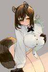  1girl animal_ears arknights black_necktie bottomless breasts brown_hair collared_shirt cross_tie grabbing_own_breast grey_background hair_between_eyes highres kneeling kochiya_(gothope) large_breasts long_hair long_sleeves navel necktie ponytail raccoon_ears raccoon_girl raccoon_tail robin_(arknights) shirt sidelocks simple_background solo tail white_shirt yellow_eyes 