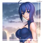  1girl ahoge bangs blue_dress blue_eyes blue_hair blush border breasts ciel_(tsukihime) cleavage_cutout clothing_cutout cloud commentary dress hair_between_eyes highres kotera_ryou large_breasts looking_at_viewer open_mouth outside_border powered_ciel reaching_out short_hair sky sleeveless sleeveless_dress smile solo sunlight tsukihime tsukihime_(remake) twitter_username upper_body white_border 