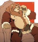  anthro balls basch belt body_hair chair clothing costume erection eyewear felid furniture genitals glasses happy_trail hi_res lion looking_at_viewer male mammal mane nipples pantherine penis pubes santa_costume sitting slightly_chubby solo 
