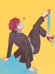  1boy 535zip ahoge belt blue_background earrings facepaint formal hair_between_eyes heart high_heels highres hisoka_morow hunter_x_hunter jewelry male_focus multicolored_background parted_lips red_footwear red_hair sitting smile solo suit twitter_username yellow_background yellow_eyes 