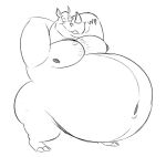  2022 anthro bedroom_eyes belly big_belly body_hair burping chest_hair hands_behind_head looking_at_viewer male mammal monochrome moobs narrowed_eyes navel nipples nude obese obese_anthro obese_male open_mouth overweight overweight_anthro overweight_male praceph rhinocerotoid seductive smile smiling_at_viewer solo standing text 