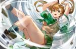  1girl boots bow brown_footwear brown_hair green_bow green_eyes green_skirt highres holding holding_sword holding_weapon large_bow nanase_(under_night_in-birth) open_mouth qitoli rock school_uniform skirt solo sword thighs twintails under_night_in-birth under_night_in-birth_exe:late[st] weapon wind 