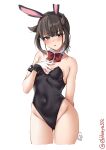  1girl alternate_costume animal_ears bare_shoulders black_leotard bow bowtie breasts brown_eyes brown_hair chestnut_mouth cowboy_shot detached_collar ebifurya fake_animal_ears gloves hair_horns hand_on_own_chest hatsuzuki_(kancolle) highres kantai_collection leotard looking_at_viewer playboy_bunny red_bow red_bowtie simple_background small_breasts solo twitter_username white_background white_gloves wrist_cuffs 