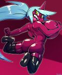  2020 5_fingers angstrom big_breasts blue_hair blush breasts butt clothing demon eyewear female fingers glasses hair hi_res horn humanoid kneesocks_daemon legwear mostly_nude not_furry open_mouth panty_and_stocking_with_garterbelt solo teeth tongue 