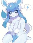  anthro big_breasts blue_body blue_eyes blue_fur blue_hair blush bodily_fluids bra breasts butt chest_tuft cleavage clothed clothing eeveelution female flustered fur generation_4_pokemon glaceon hair hi_res long_hair long_tail looking_at_viewer mostly_nude nintendo panties pokemon pokemon_(species) simple_background solo speech_bubble sweat tuft underwear underwear_only video_games white_background wide_hips yaonga797 