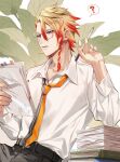  1boy axel_syrios belt blonde_hair book collared_shirt glasses highres holostars holostars_english isal_(lasi) multicolored_hair necktie pants paper pencil red_hair secretary shirt solo sticky_note streaked_hair virtual_youtuber 