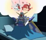  :3 ahoge blush_stickers gundam gundam_aerial gundam_suisei_no_majo gundam_wing hairband heart hugging_own_legs mecha noisi on_bed pillow red_hair robot suletta_mercury thought_bubble under_covers v-fin wing_gundam 