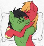 2022 anon anon_stallion big_macintosh_(mlp) black_hair black_mane colored_sketch cuddling dominant dominant_male duo earth_pony embrace equid equine feral friendship_is_magic green_body hair hasbro horse hug male male/male mammal mane my_little_pony orange_hair orange_mane pillow pony red_body sefastpone simple_background sketch submissive submissive_male white_background 