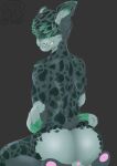  absurd_res anthro big_butt bottomless bottomless_anthro bottomless_male butt clothed clothing covered_eyes felid feline fur green_body green_fur grinning_at_viewer hair hi_res looking_at_viewer male mammal multicolored_body multicolored_fur multicolored_hair multicolored_tail nude pawpads ponytail raised_tail rear_view serval simple_background smile soba(suboptimal_soba) solo spaghetti_cat spots spotted_body spotted_fur 