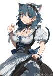 1girl animal_ears bangs blue_eyes blush breasts byleth_(fire_emblem) byleth_(fire_emblem)_(female) cat_ears chocojax fire_emblem fire_emblem:_three_houses fire_emblem_heroes hair_ornament highres large_breasts long_sleeves looking_at_viewer maid open_mouth short_hair simple_background skirt smile solo solo_focus white_background 