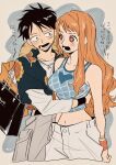  1boy 1girl black_eyes black_hair blush floral_print hetero highres long_hair lower_teeth monkey_d._luffy nami_(one_piece) navel one_piece open_mouth orange_eyes orange_hair parted_lips scar scar_on_cheek scar_on_face short_hair teeth ten05612 translation_request 