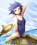  1girl arm_up breasts candy cloud d.gray-man food highres holding holding_candy holding_food holding_lollipop jinsai_sa_sa lollipop looking_at_viewer one-piece_swimsuit road_kamelot short_hair smile solo swimsuit water wet 