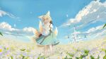  1girl absurdres animal_on_shoulder arknights bag bangs blonde_hair blue_sky brown_bag castle cat cloud commentary_request cross-laced_clothes dot_nose floral_background flower fox fox_girl fox_tail frilled_skirt frills green_eyes green_skirt hair_flower hair_ornament hand_up handbag highres hui_yu_yu_yu_ye legs_apart lily_of_the_valley long_hair looking_at_viewer open_mouth outdoors petals puffy_sleeves shadow skirt sky solo standing suzuran_(arknights) tail 