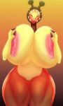  absurd_res anthro big_breasts breast_squish breasts digital_media_(artwork) farigiraf female genitals hi_res holding_breast looking_at_viewer nintendo nipples nude pokemon pokemon_(species) pussy simple_background smile solo squish teeth thedeadtimezone thick_thighs video_games 