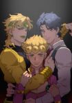  3boys absurdres black_nails blonde_hair blue_eyes blue_hair blue_vest bug closed_mouth cropped_jacket dio_brando earrings english_commentary father_and_son giorno_giovanna green_lips hand_on_another&#039;s_waist headband heart highres honlo hug jacket jewelry jojo_no_kimyou_na_bouken jonathan_joestar ladybug leotard long_hair long_sleeves looking_at_viewer male_focus multiple_boys mutual_hug necktie pants pectorals phantom_blood pink_jacket red_eyes red_necktie shirt short_hair smile stardust_crusaders vento_aureo vest white_shirt yellow_jacket yellow_pants 